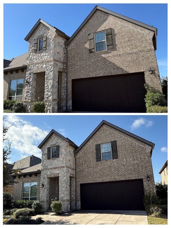 Two-story brick house with a brown garage door under a blue sky, comparing shade variations.