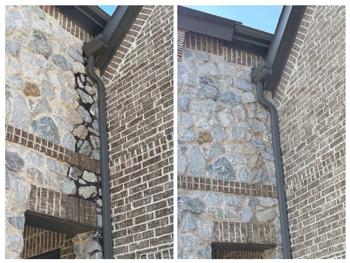 Two building exterior views. Stone and brick exterior with a dark gutter downspout.