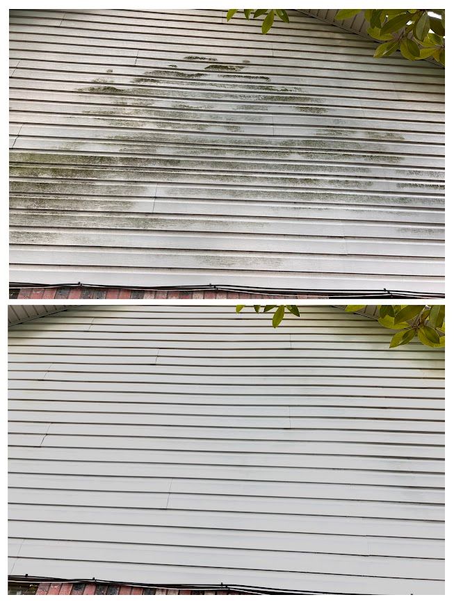 Before and after roof cleaning; dirty roof covered in moss, clean roof with gray shingles.