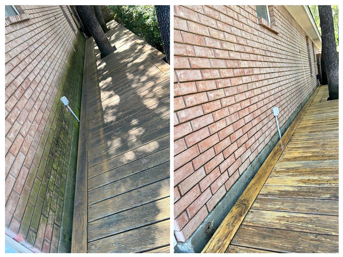Before and after of a brick wall and wooden walkway; cleaning removed green algae, revealing cleaner surfaces.