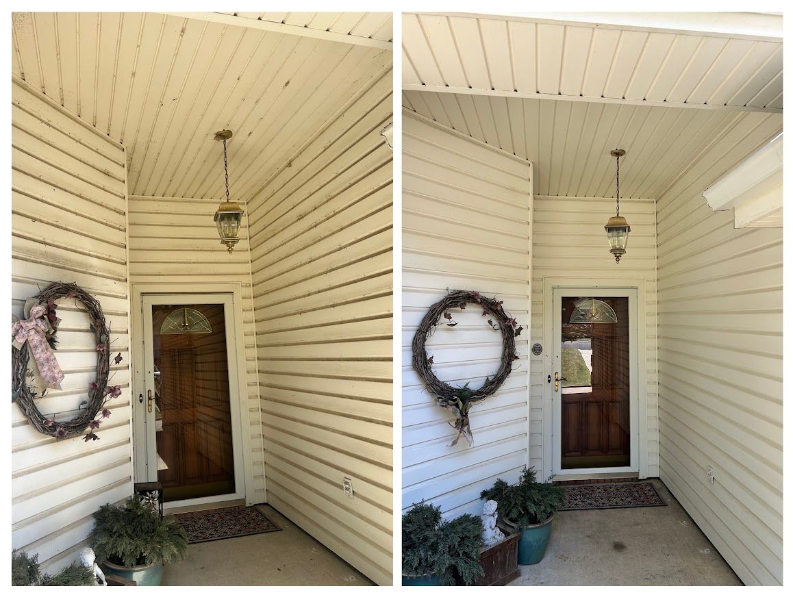 Two photos: Exterior entryway with wood door, light fixture, wreath, and siding.