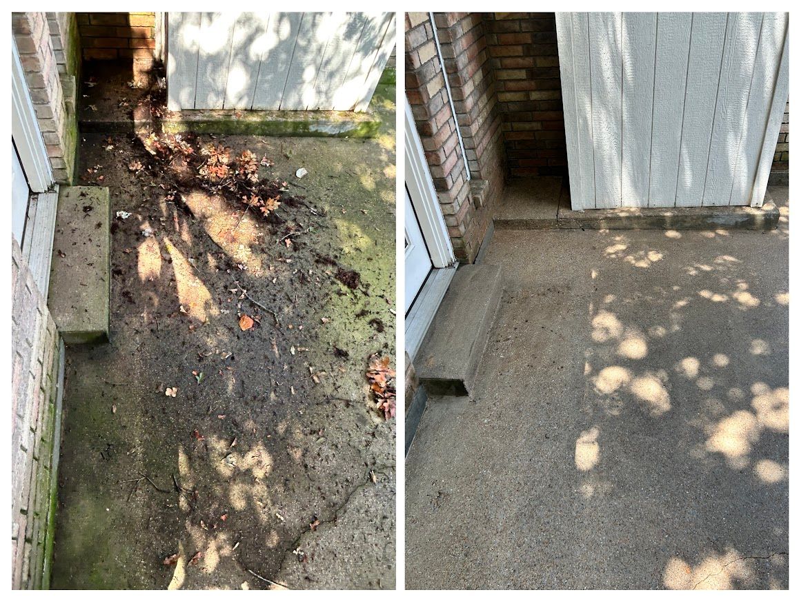 Before and after of a concrete patio cleaned with a pressure washer. Dark dirty to clean gray.