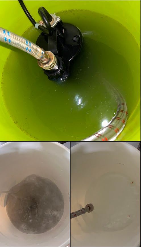 Submersible pump in a green bucket, shown before, during, and after use.