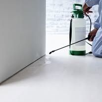 A person in professional uniform uses a green and white compression sprayer to treat the base of a white wall.