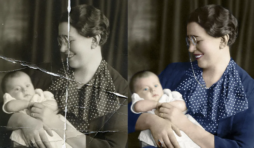 Colorized photo of a woman smiling at a baby in her arms, shown in black-and-white and color side by side