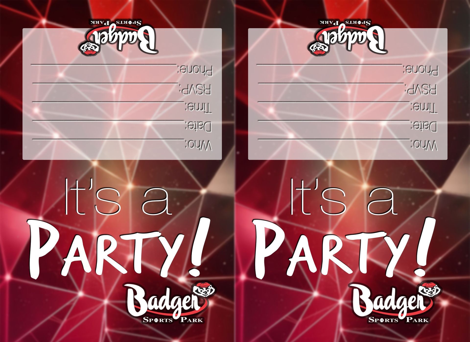 Two red party invitation cards with white script text and a gold starburst background, saying It’s a PARTY!