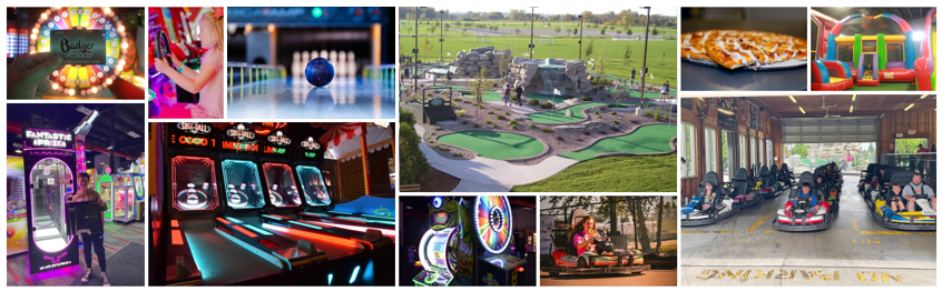 Collage of indoor and outdoor arcade and mini-golf scenes with colorful lights and go-kart tracks