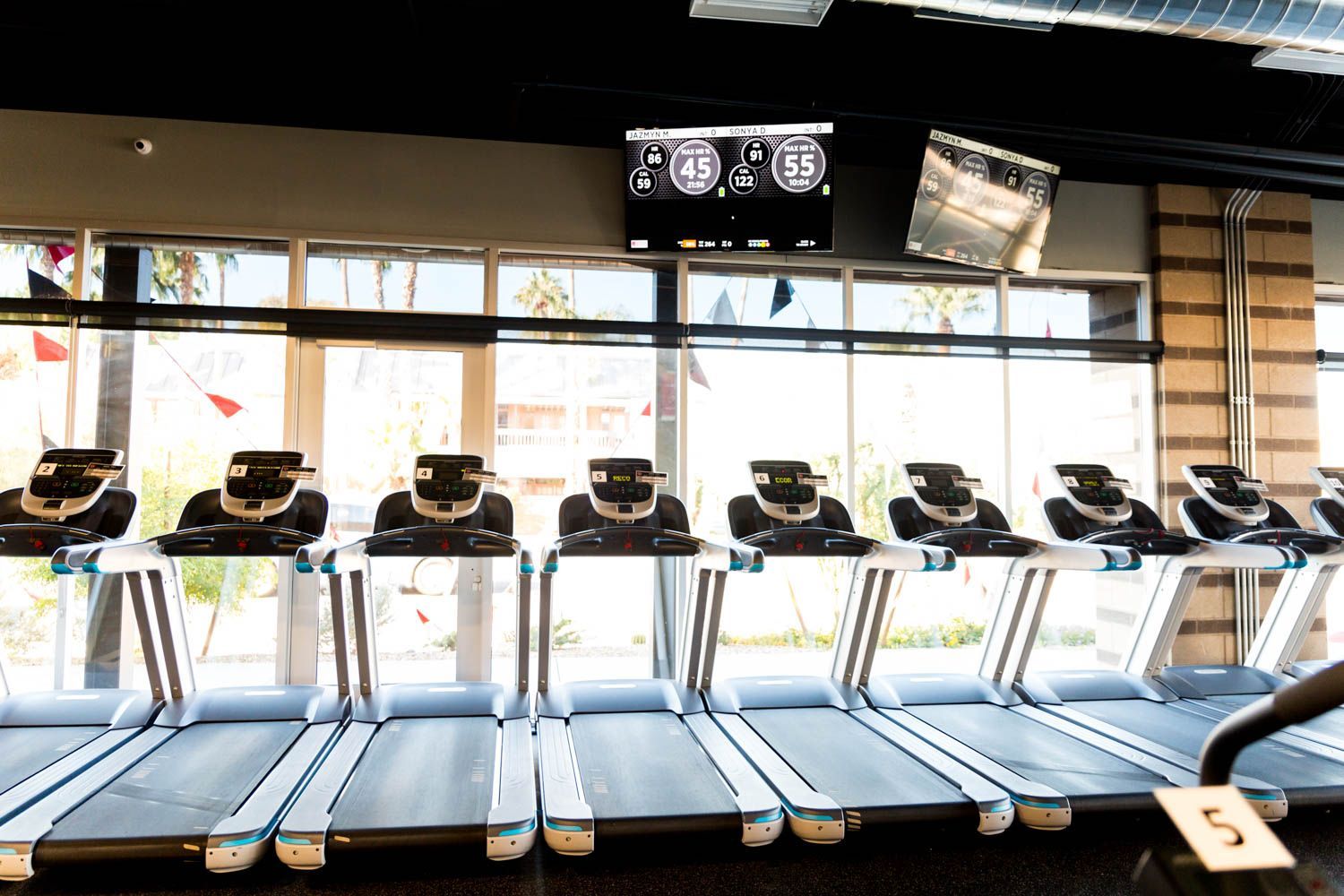 Row of treadmills in a brightly lit gym, facing a window with a small TV screen above.
