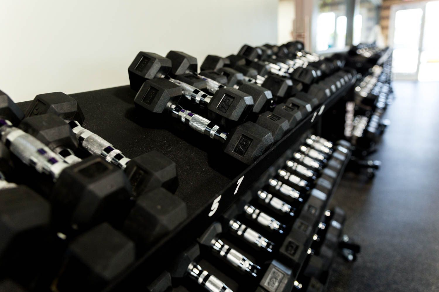 Dumbbells arranged on a rack in a gym, with focus on the weight sizes.
