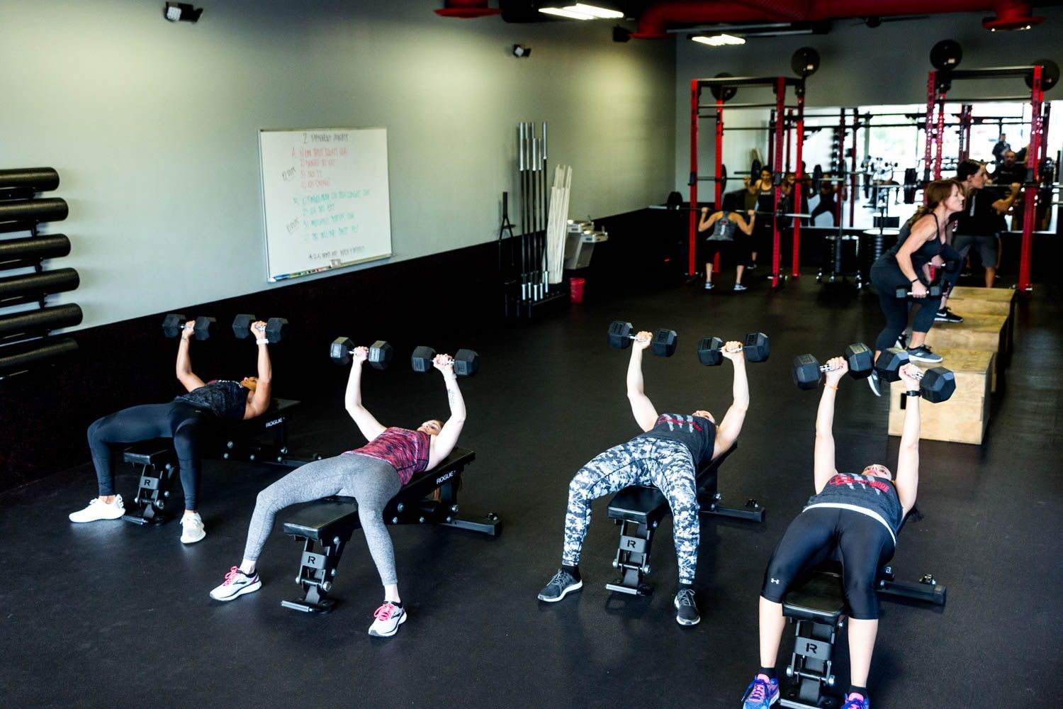 Four people lifting dumbbells while reclining on benches in a gym; another person steps onto a box.