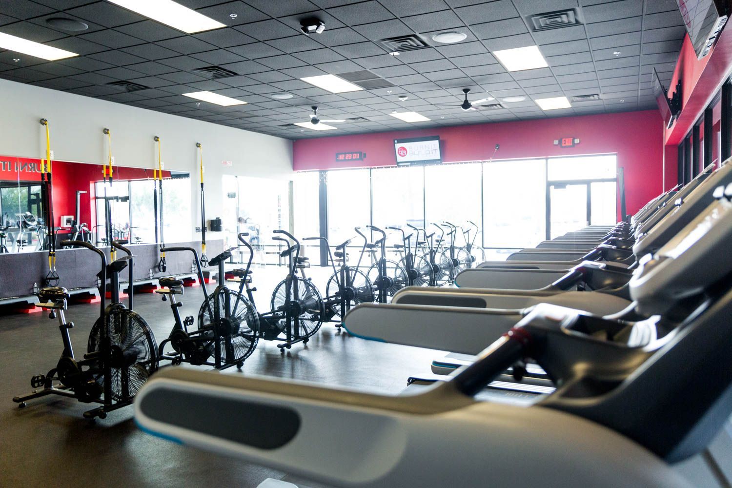 Gym interior with rows of treadmills, exercise bikes, and large windows.