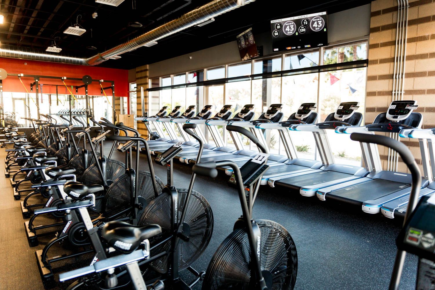 Gym interior with rows of exercise bikes, treadmills, and windows; overhead lighting.