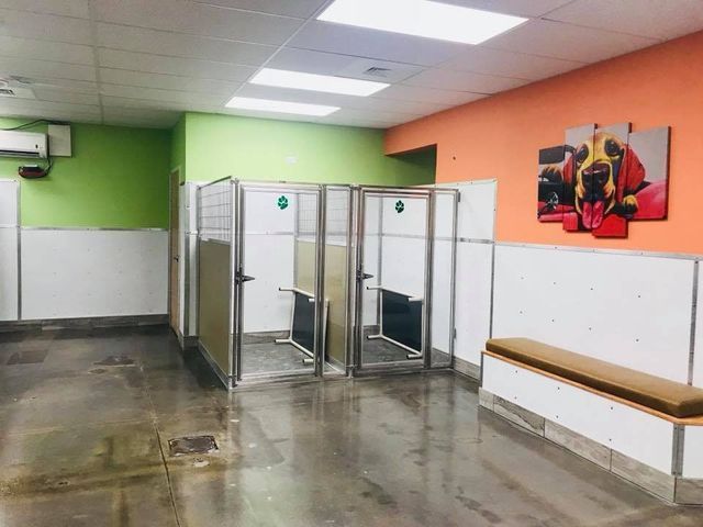 Public restroom with stalls, orange and green walls, and a bench along the side.