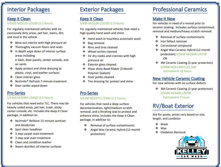 Kelley services flyer listing interior, exterior, ceramic, and RV/boat coating packages