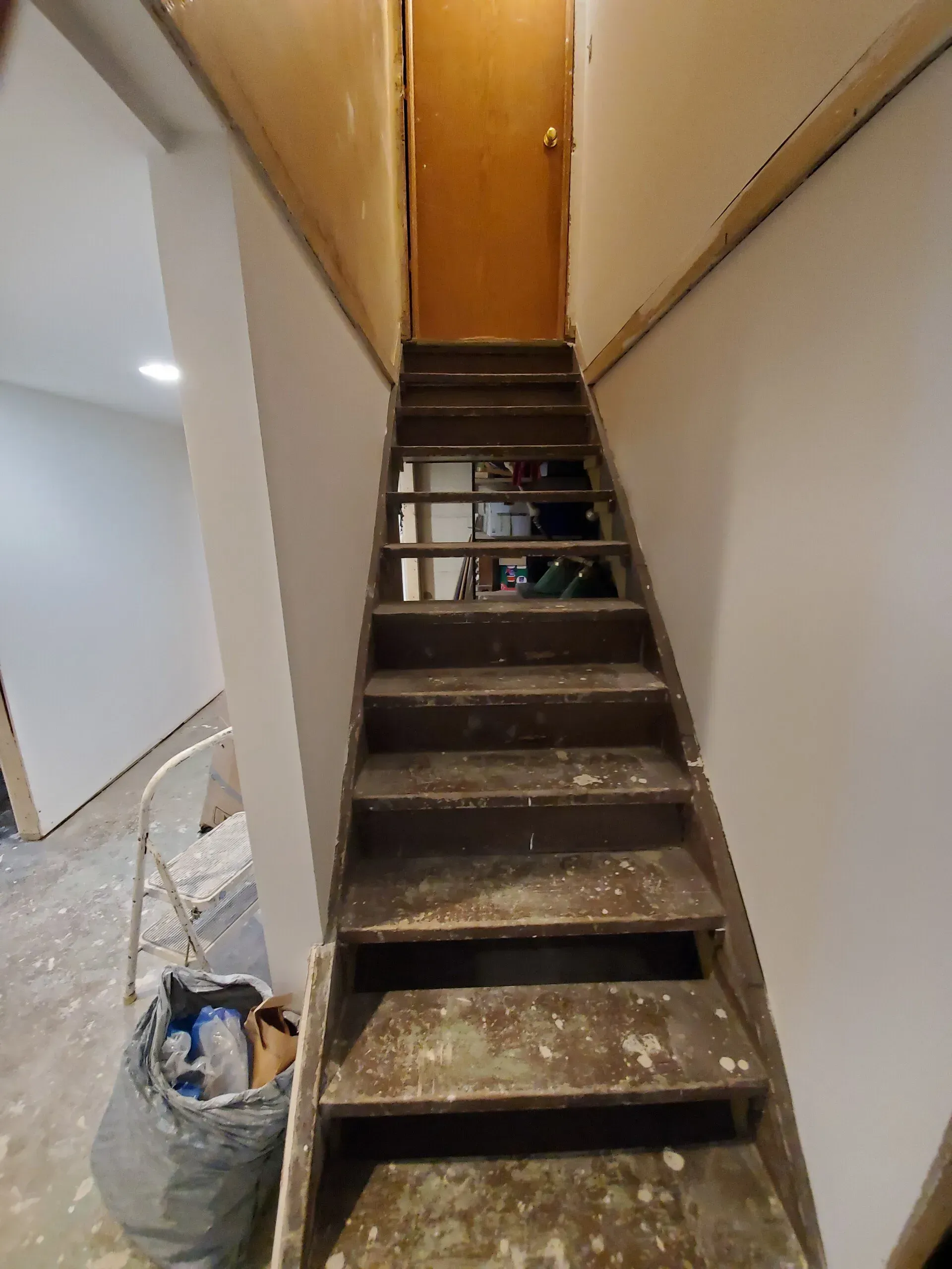 Narrow wooden staircase leading up to a closed brown door. 