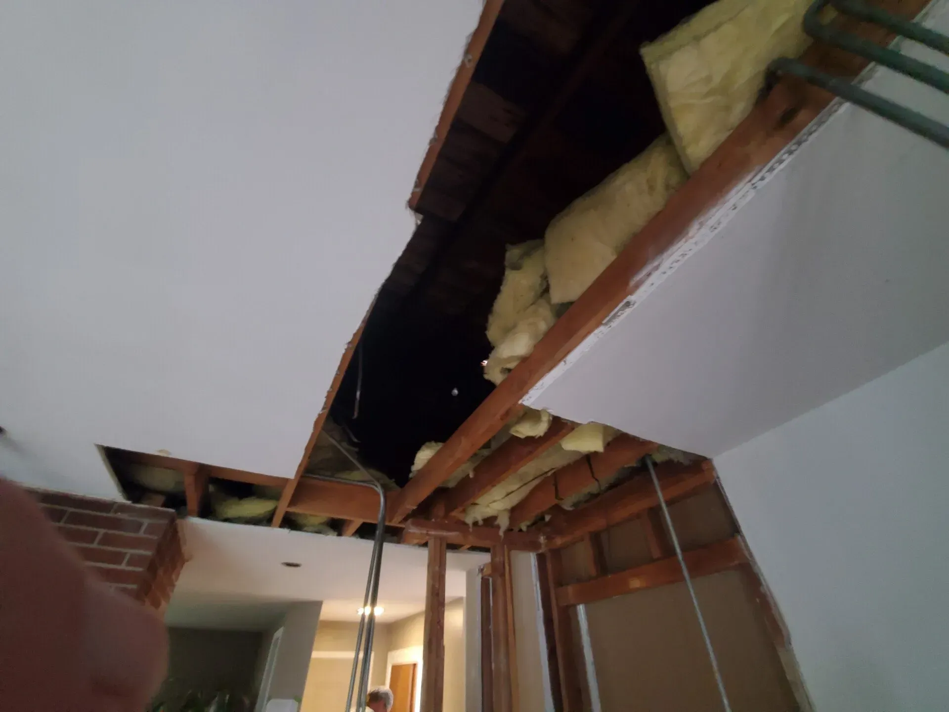Ceiling with large hole, exposed wood beams, insulation, and wires.