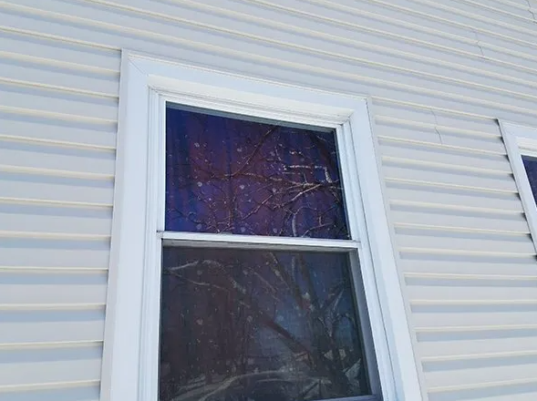White-framed window on a building with white siding; branches seen through the blue glass.