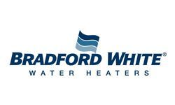 Bradford White Water Heaters logo: Blue text and flag on white background.