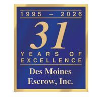 Blue and gold anniversary badge reading “31 Years of Excellence,” Des Moines Escrow, Inc.