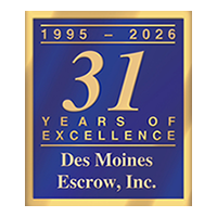 Blue and gold 31st anniversary logo for Des Moines Escrow, Inc., 1995–2026