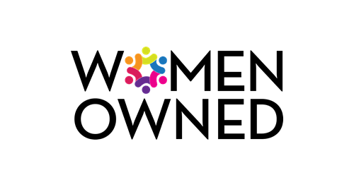 Women-owned logo with black text and colorful flower-like dot between the words