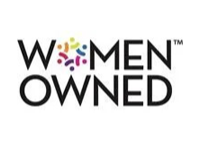 Women Owned logo with black text and a colorful flower between the words