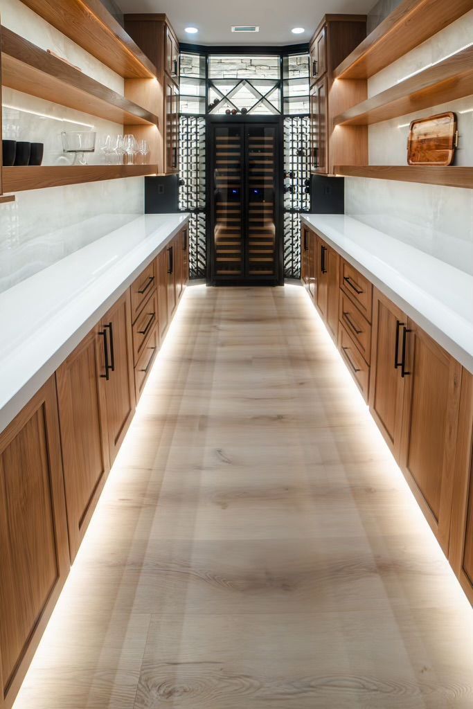 A long hallway leading to a wine cellar with wooden cabinets and white counter tops.