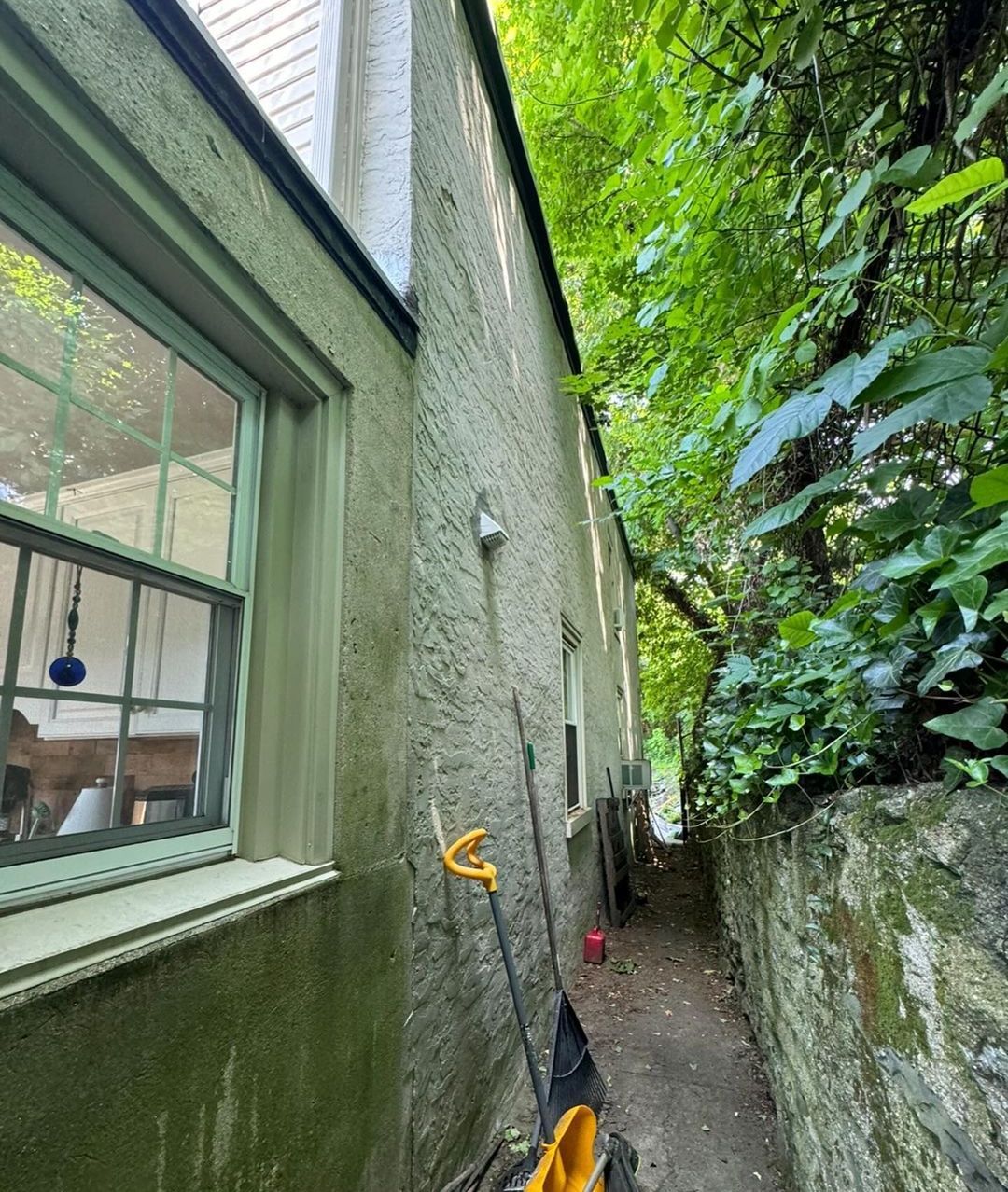 A narrow alleyway between two buildings with trees on both sides.