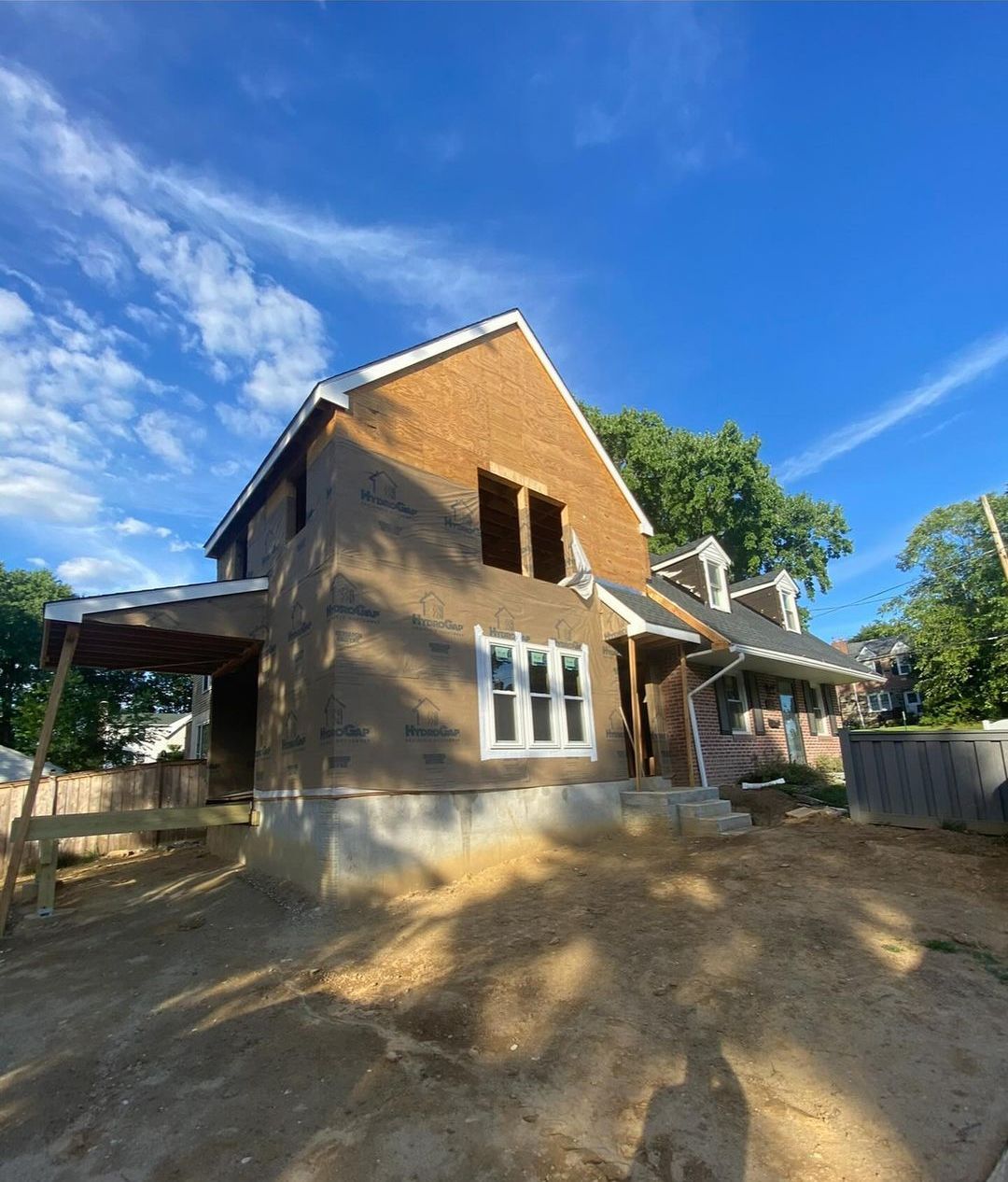 A house is being built in the middle of a dirt field.