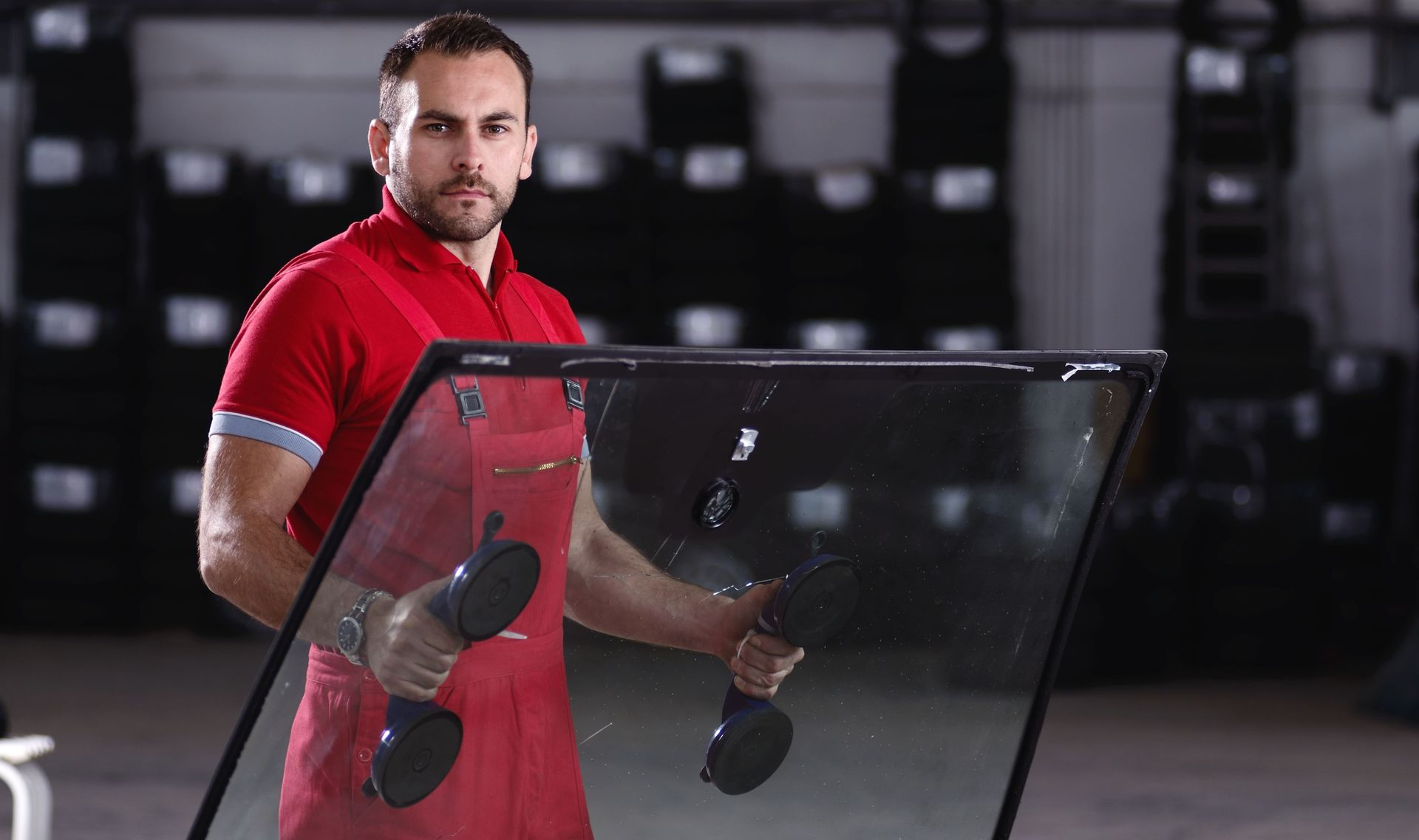 A man holding vehicles windshield ga
