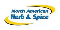 Logo of North American Herb & Spice in blue text, with a yellow curved design above and below.