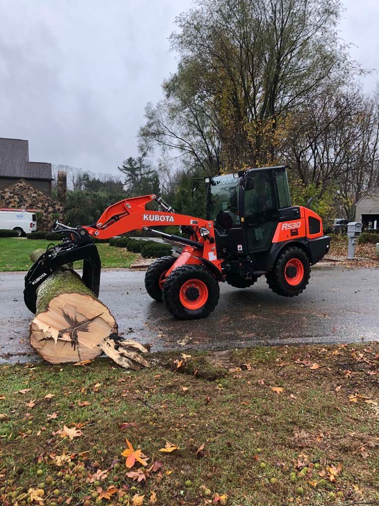 An orange Kubota wheel loader uses a grapple attachment to lift a large log on an overcast day.