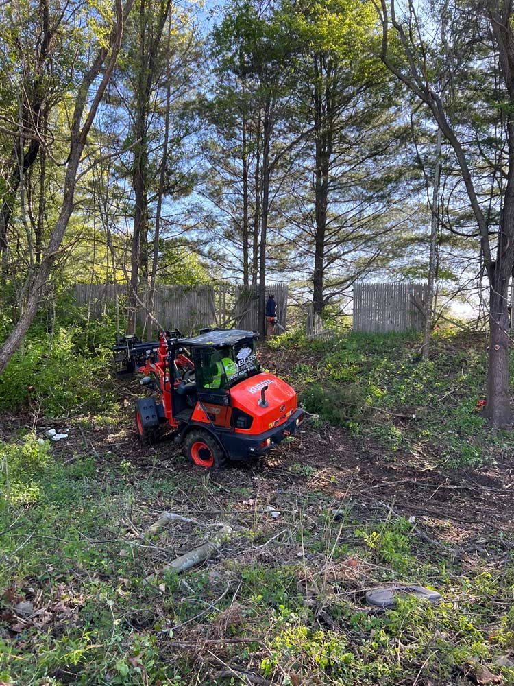A bright orange compact construction tractor works in a wooded area near a wooden fence on a sunny day.