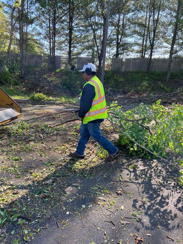 A person in a high-visibility vest and hard hat walks on pavement near a brush pile during an outdoor cleanup.