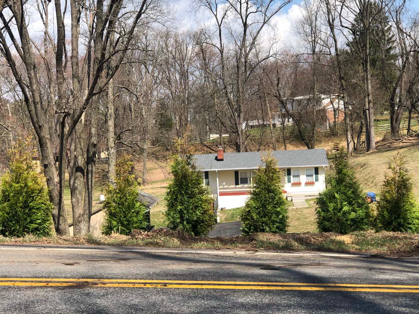 A light-colored house with a dark roof sits on a sloped, grassy lot behind a line of small evergreen trees by a road.