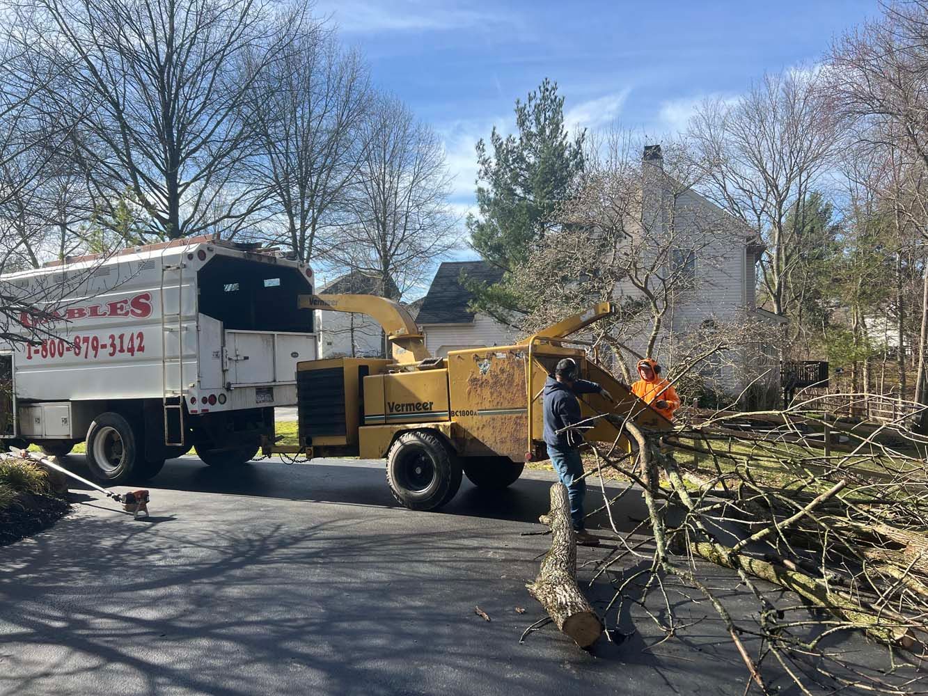 Workers in high-visibility gear feed tree branches into a large yellow industrial wood chipper attached to a white truck.