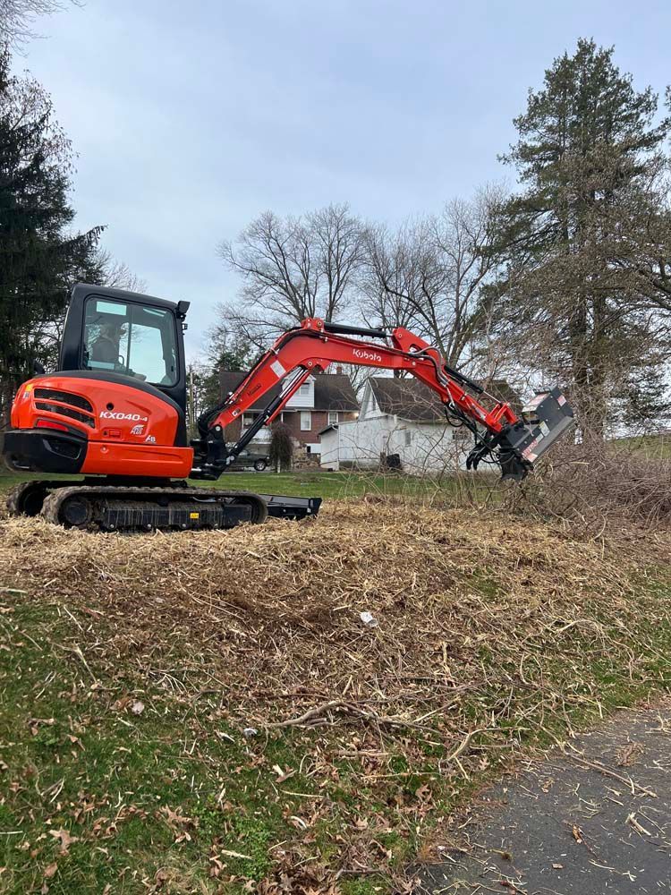 An orange Kubota excavator clearing brush in a grassy yard on a cloudy day.