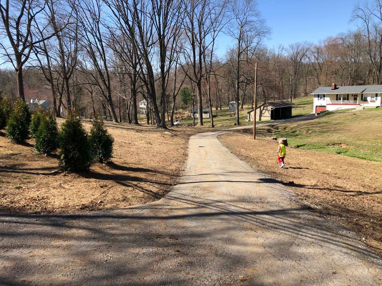 A small child in a bright yellow shirt stands on a gravel driveway winding through a sunny, tree-lined rural landscape.