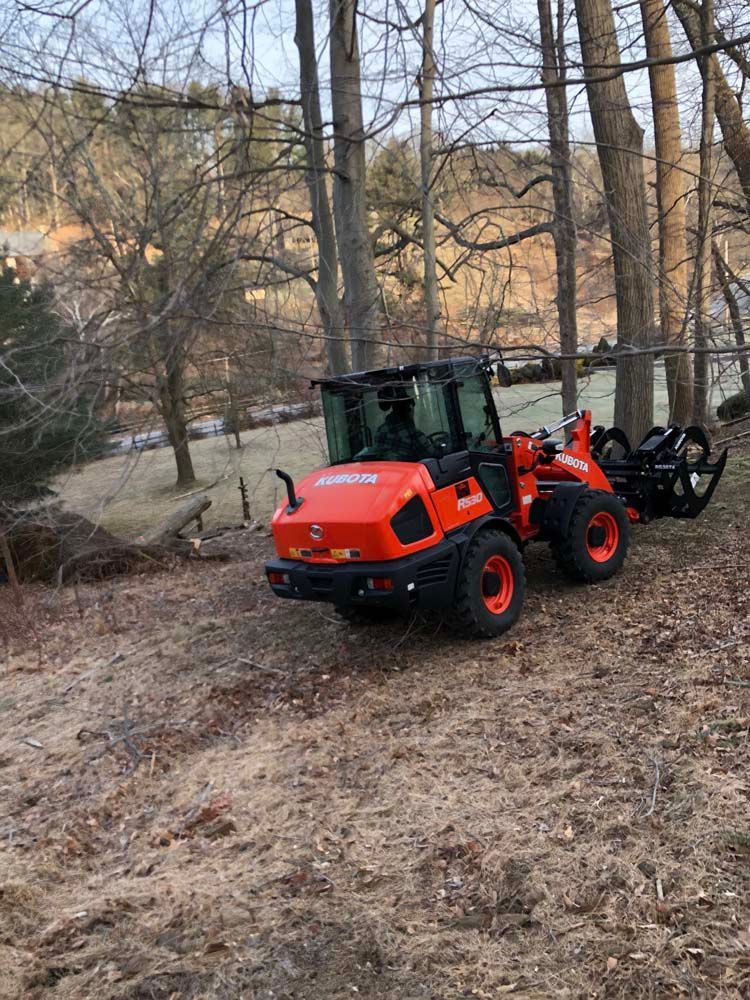 An orange Kubota tractor with a tree shear attachment parked on a wooded hillside.