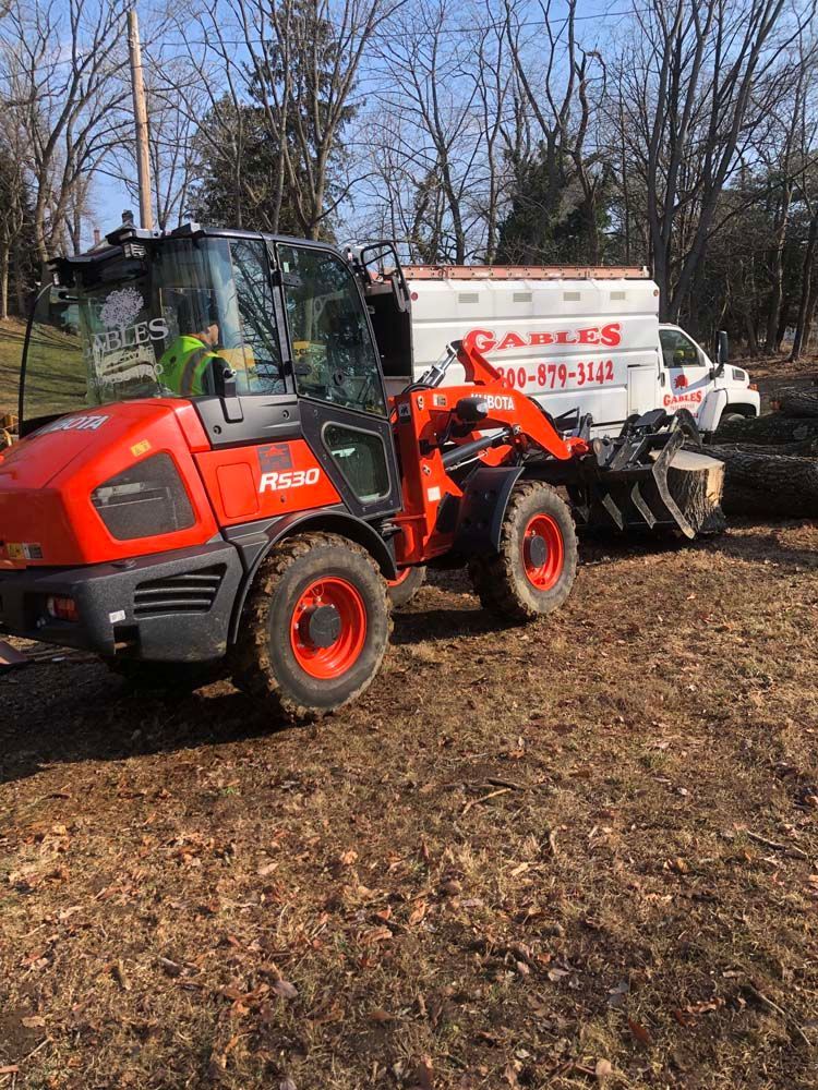 An orange Kubota wheel loader carrying a log in a wooded, grassy outdoor area.