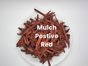 Mulch labeled “Positive Red” on a white plate against a white background