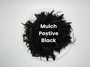 Black mulch with white text reading “Mulch Positive Black”