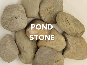 Assorted tan and gray pond stones with “POND STONE” text overlaid