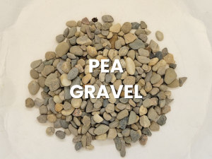 Pile of small tan and gray stones labeled “PEA GRAVEL”