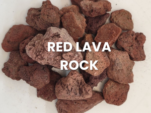 Pile of red lava rocks with “RED LAVA ROCK” text overlay