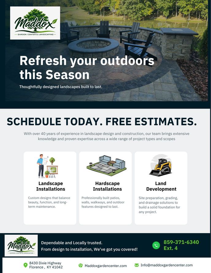 Maddox landscaping ad with stone patio and garden services, “Refresh your outdoors this season” and free estimates