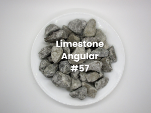 White bowl of gray angular limestone rocks labeled “Limestone Angular #57”