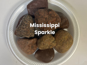 Mississippi Sparkle stones in a white bowl, labeled with white text.
