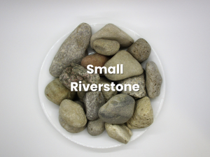 Small rounded river stones in a white dish with “Small Riverstone” text.