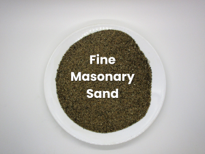 Round container of fine masonry sand with white label text on a light background